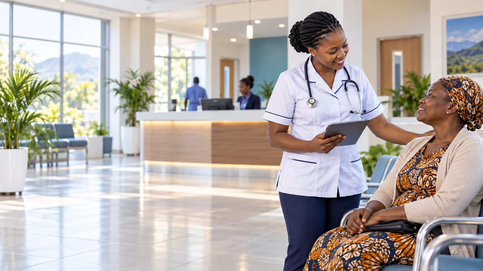 A clinician speaking with a patient in a modern hospital reception